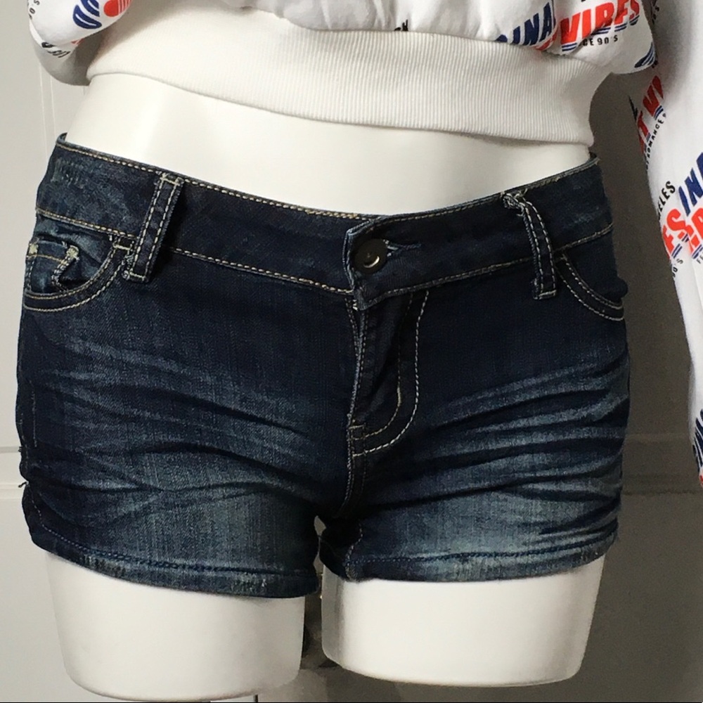 1ST KISS Denim Shorts Blue w/ Blue & Orange embroidered pockets, Low waist Sz 3